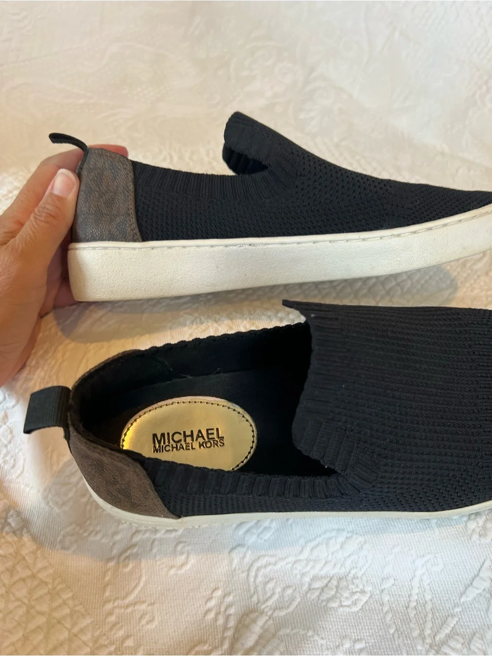 💙 Michael Kors Juno Black Slip-On Sneakers Signature MK Pattern on Heel 7.5